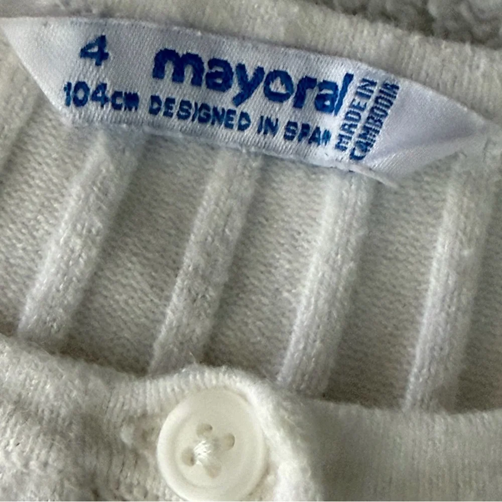 Mayoral | Ribbed Knit Cropped Cardigan with Ruffle Hem | Size 4